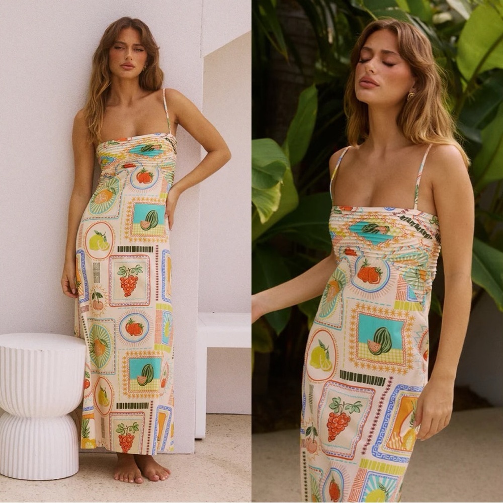 Spaghetti Strap Midi Dress in Cream Fruit Print